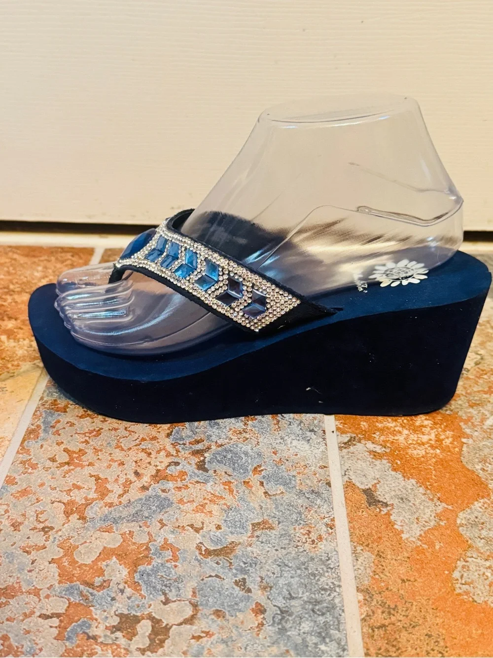 NWOB! Yellow Box Embellished Blue Gem and Rhinestone Platform Thong Sandals! - Picture 10 of 15